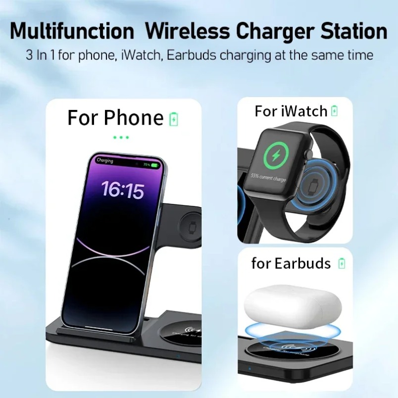 Smart Night Light - 3-in-1 oplaadstation, opvouwbare draadloze oplader voor